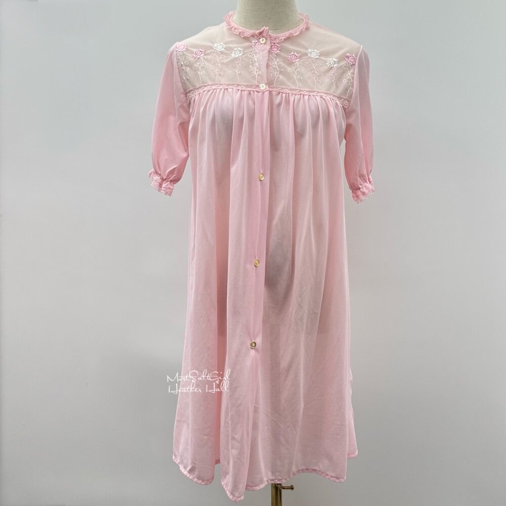 Vtg Union Made Fit Rite Lingerie Pink Nylon Floral Lace Embroidered Nightgown